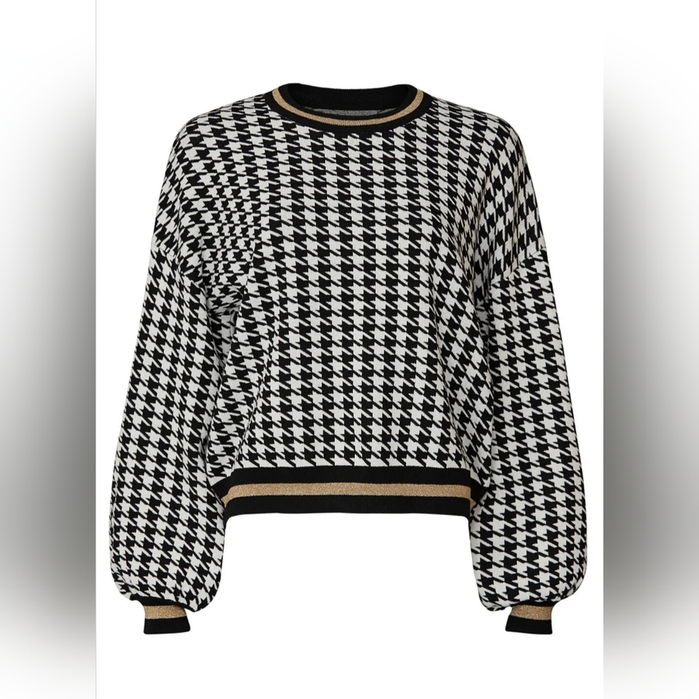 525 America Gold Metallic Black and White Houndstooth Sweater Size Small - Picture 8 of 9